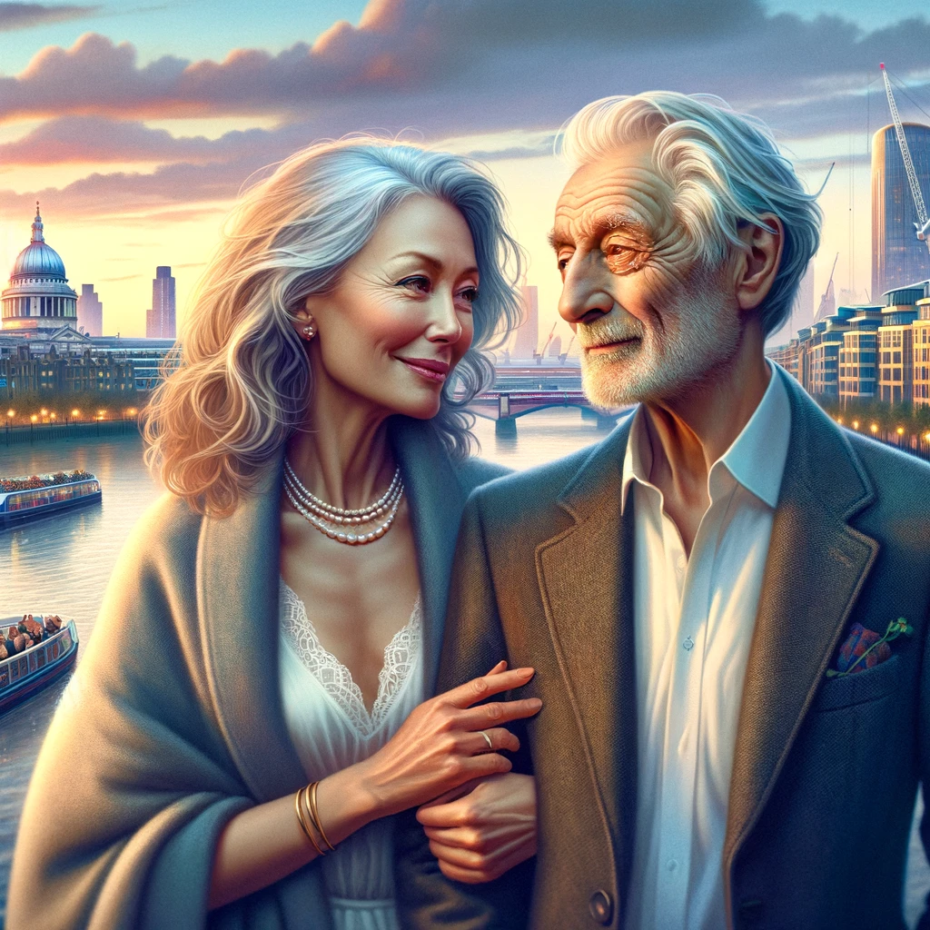 AI-sludge image of an elderly couple in London. In the words of the AI: a colorful image that depicts two mature individuals, a man and a woman, having a moment of connection in a picturesque London setting. 
